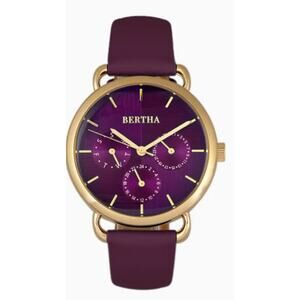 Bertha Gwen Purple Leather-Band Watch with Day and Date NIB with COA